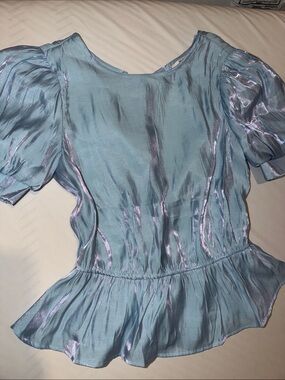 Light Blue Metallic Peplum Puff-Sleeve Women's Top